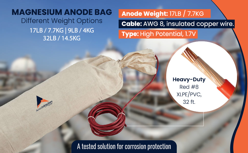 mg-anode في backfill 14.5 كجم/17 رطل ، 1.7 فولت ، inkl 10m ، 10mm2 röd xlpe/pvc