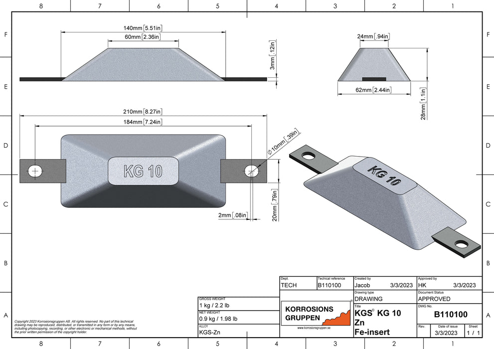 Ánodo de zinc TIPO 10 - 140*62*28 mm