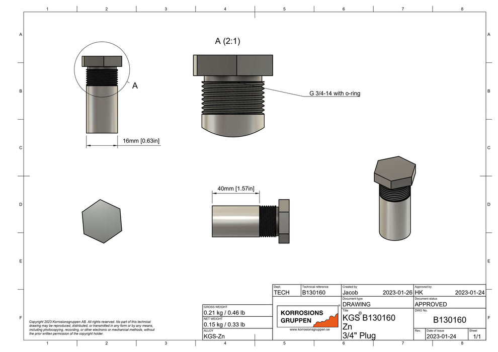 Ánodo de zinc con tapón de acero de 3/4", ø16*40mm / ø0.63in*1.57in
