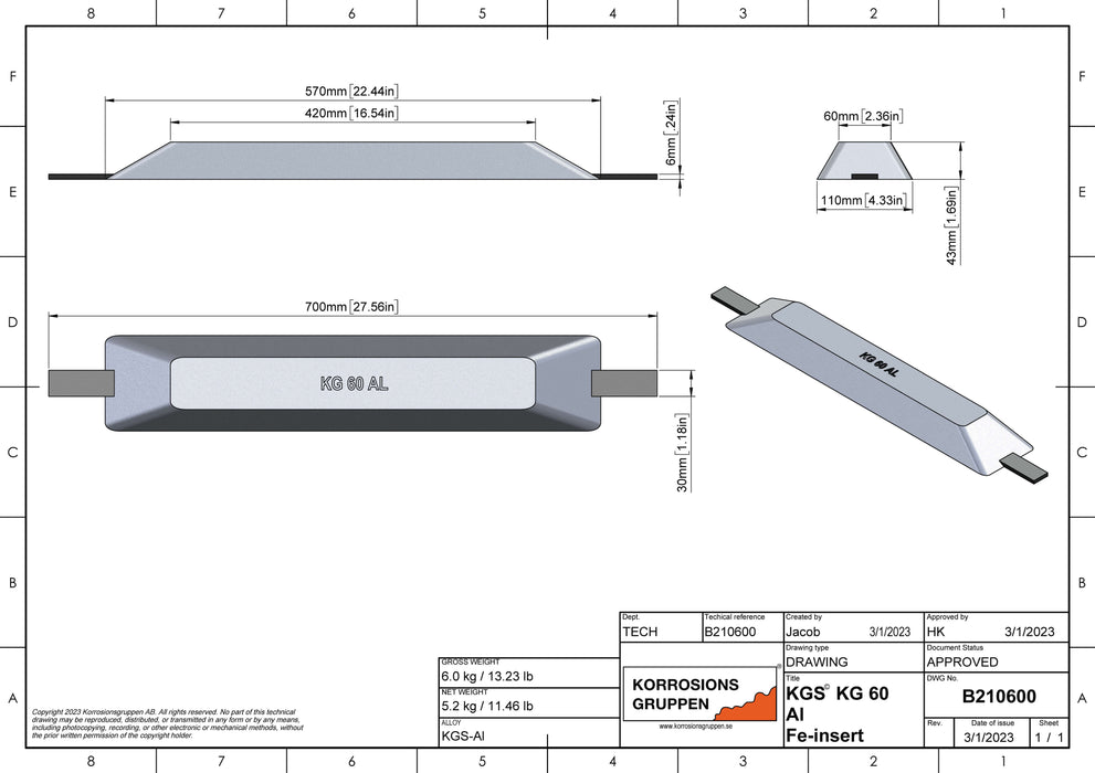 Anode en aluminium TYPE 60-570 * 110 * 43