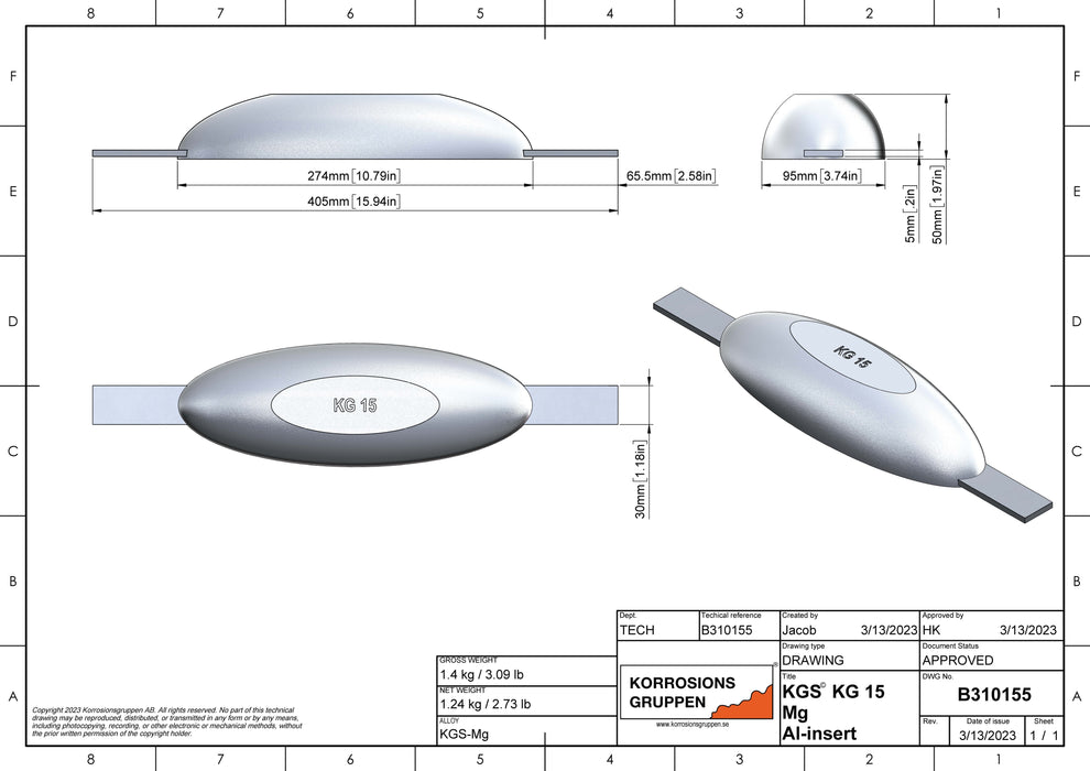 Ánodo de magnesio TIPO 15 AL - 274*95*50, (405mm), ca1,25kg/2,76lb. AZ63-1,5VDc