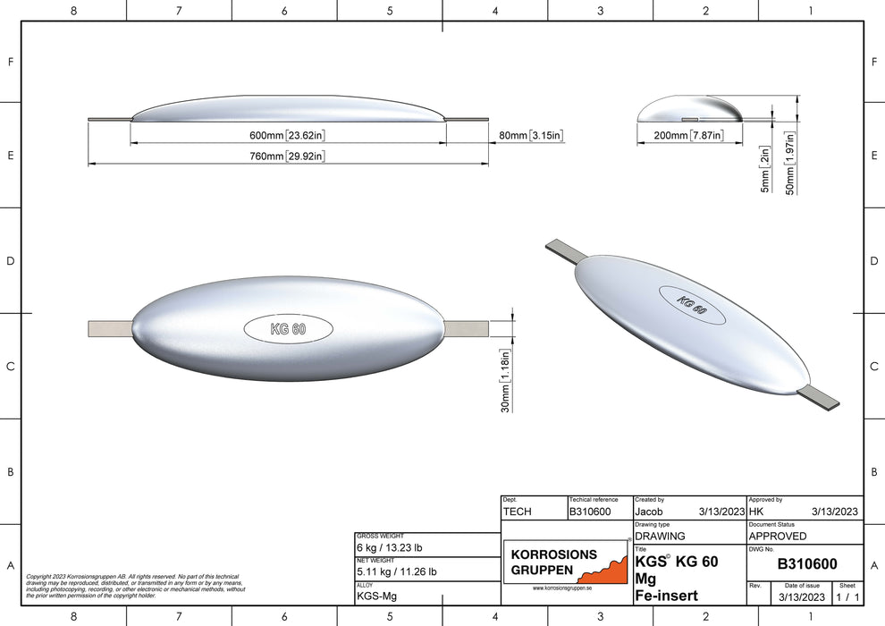 Magnesiumanod Typ 60 - 600 * 195 * 50، (760 مم)، كاليفورنيا 6 كجم. AZ63-1،5VDC.