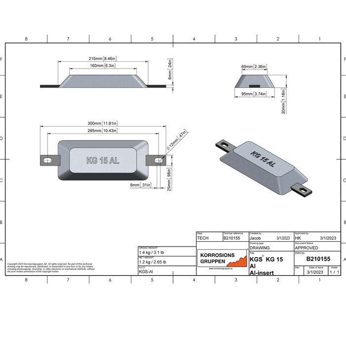 Typ Aluminiumanod Typ 15 (al -arm) - 215*95*30