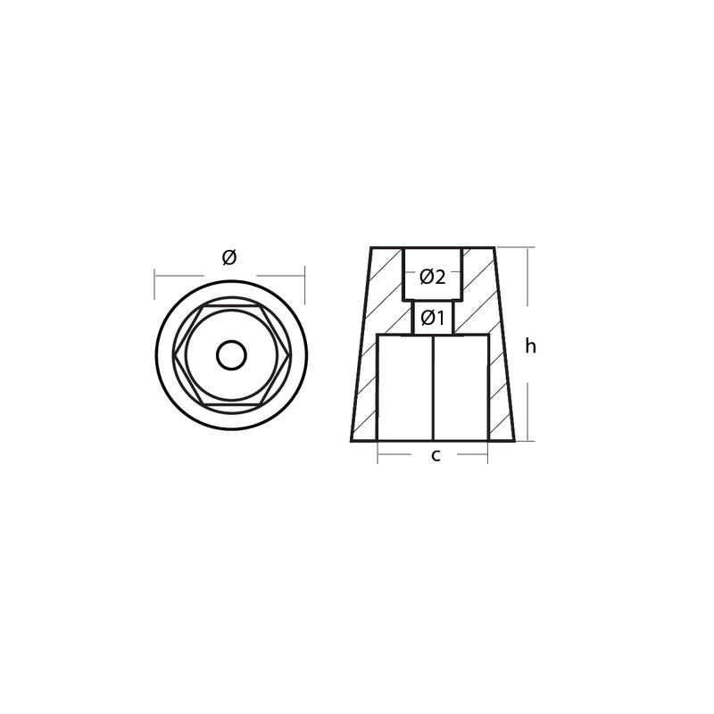 Anode zinc pour hélice, hexagonale, pour arbre de 35 mm, 0,350 kg