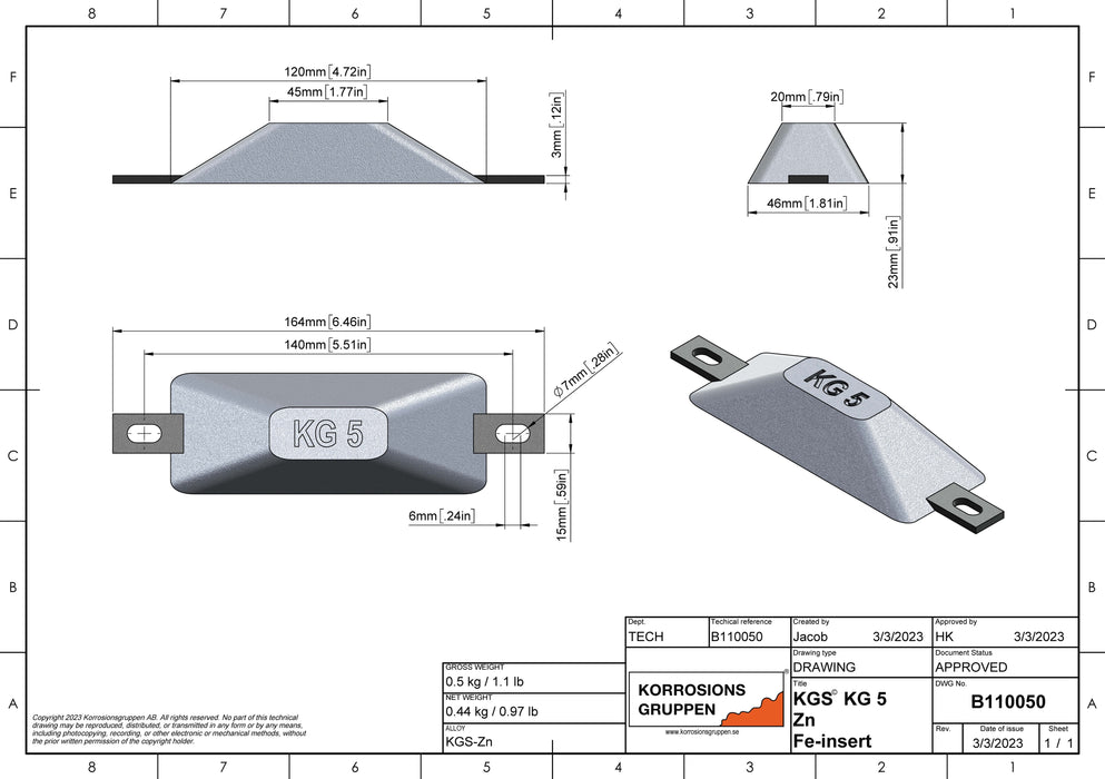 Ánodo de zinc TIPO 5 - 120*46*23 mm