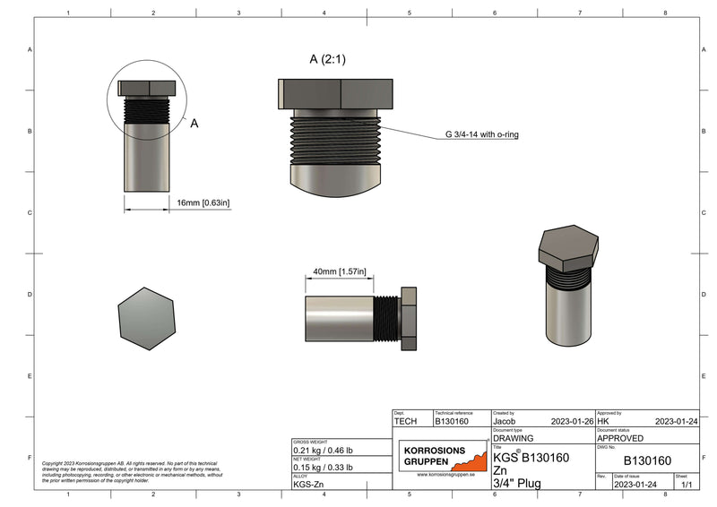 Anode en zinc avec bouchon en acier 3/4", ø16*40mm / ø0.63in*1.57in