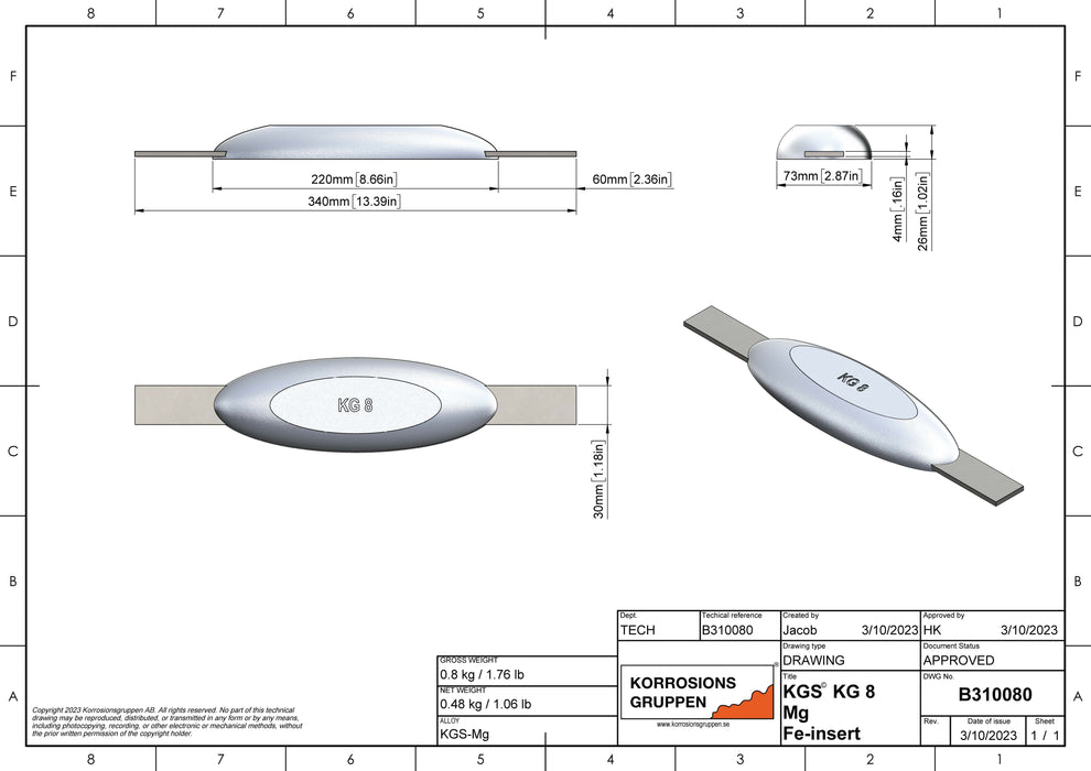 Anode en magnésium TYPE 8 - 220 * 73 * 26, (340 mm), environ 0,72 kg. AZ63-1.5VDc